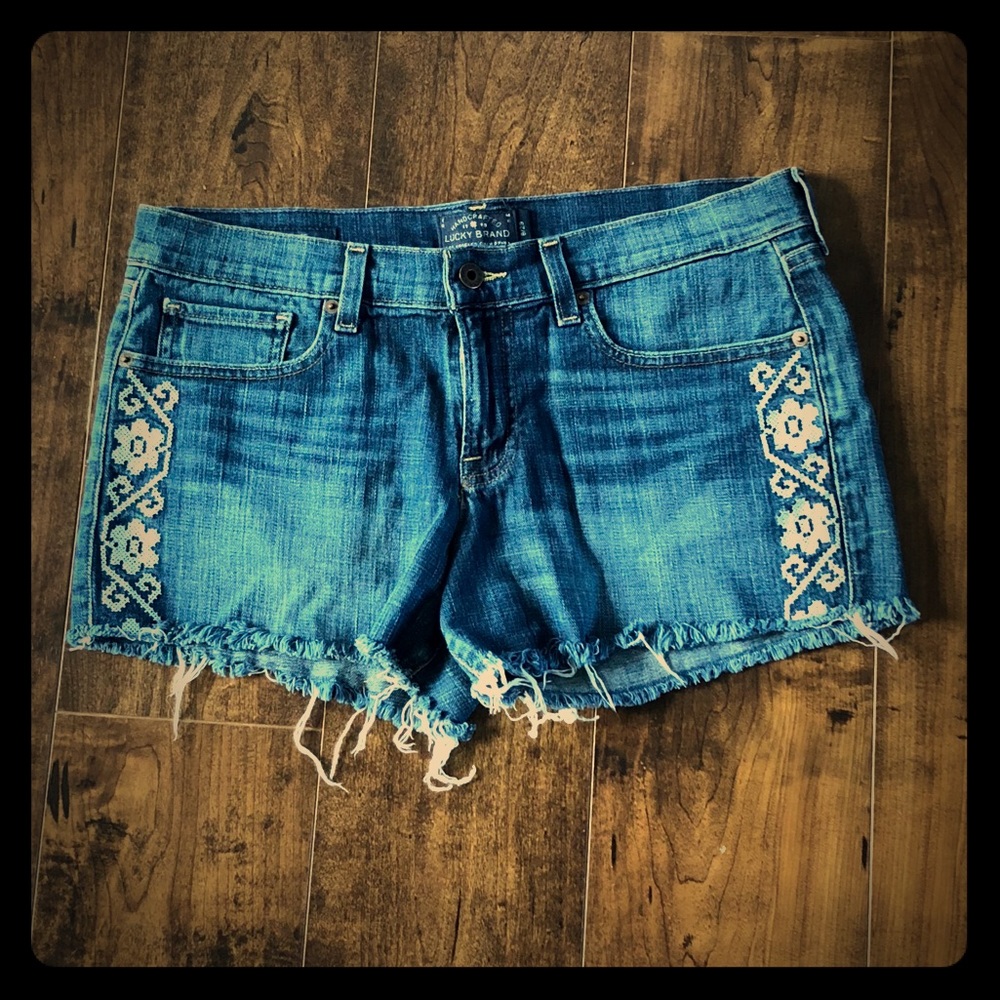 Lucky Brand Blue Denim Embroidered Frayed Hem Jean Shorts